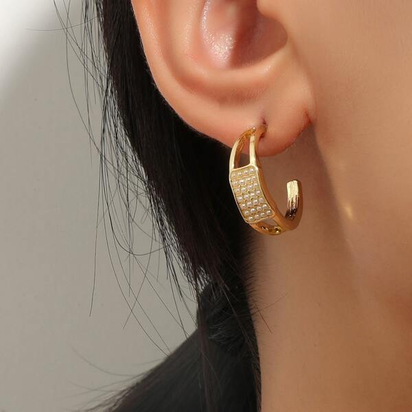 

Faux Pearl Decor Hoop Earrings, Gold