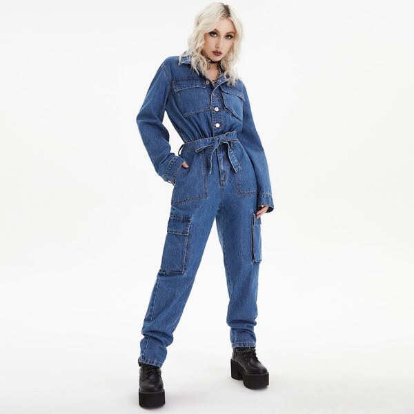 

Flap Pocket Belted Denim Shirt Jumpsuit, Medium wash