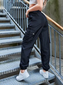 SHEIN Pantalones cargo de cintura elástica - Negro - Ver 2