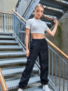 SHEIN Pantalones cargo de cintura elástica - Negro - Ver 5