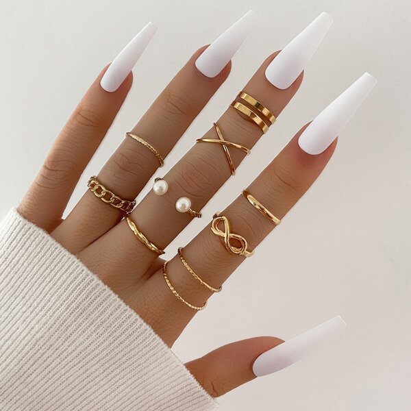 

9pcs Faux Pearl Decor Ring, Gold