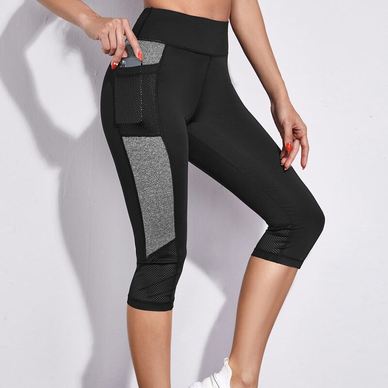 

Colorblock Wide Band Waist Sports Leggings With Phone Pocket, Black