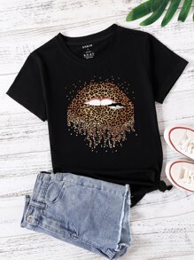 INAWLY 豹紋和嘴唇印花T恤 - 黑色 - 查看 1