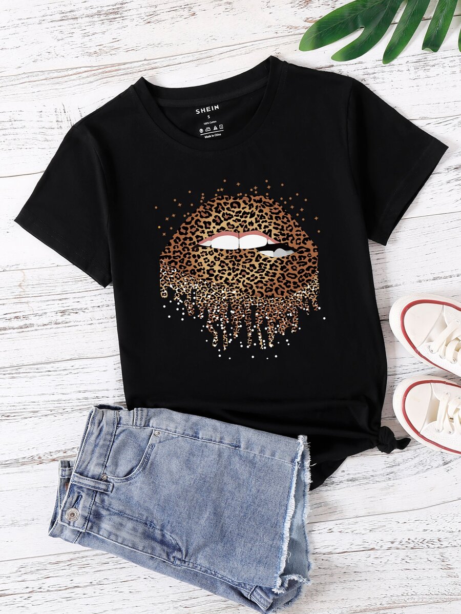 INAWLY 豹紋和嘴唇印花T恤 - 黑色 - 查看 1