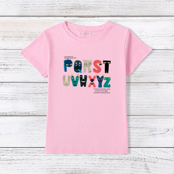 

Slogan & Cartoon Graphic Tee, Pink