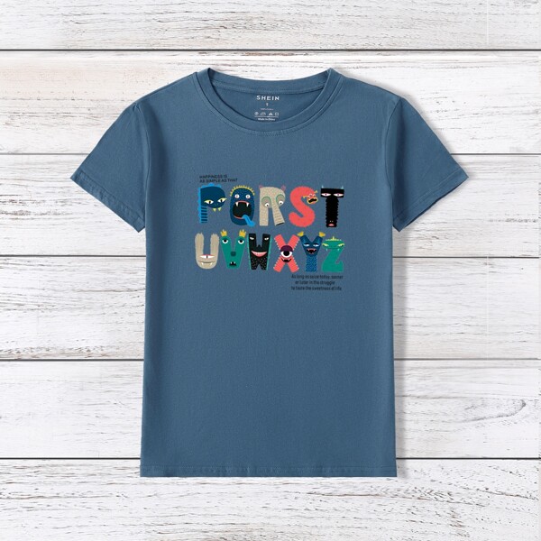 

Slogan & Cartoon Graphic Tee, Navy blue