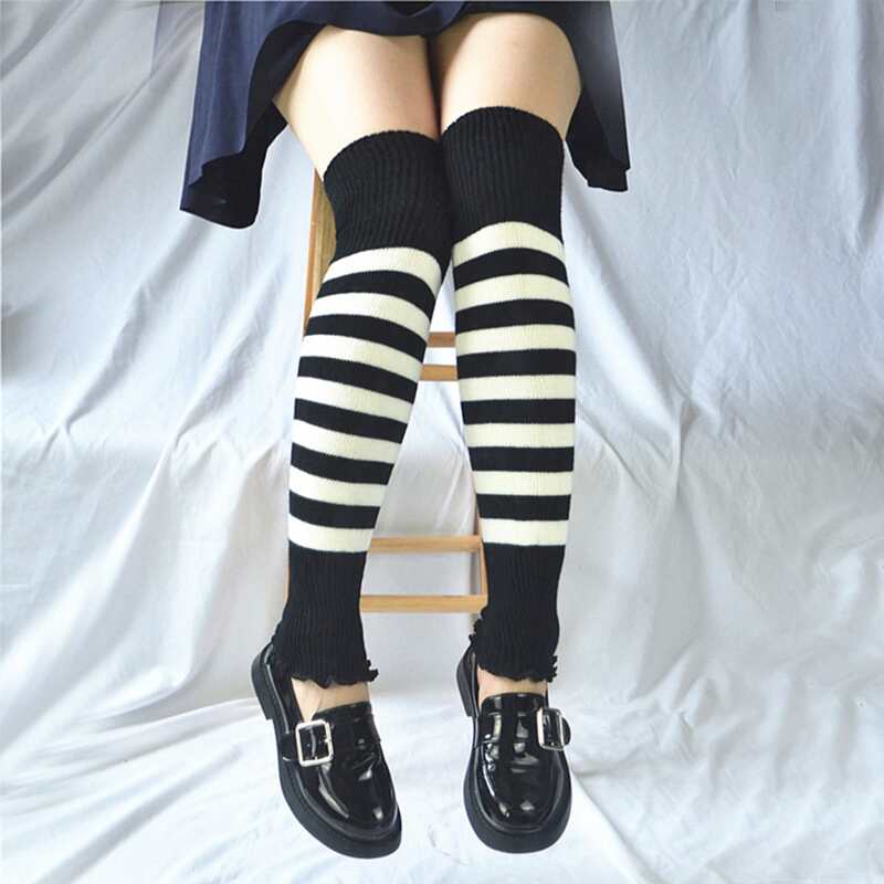 

Striped Print Over The Knee Socks, Black and white
