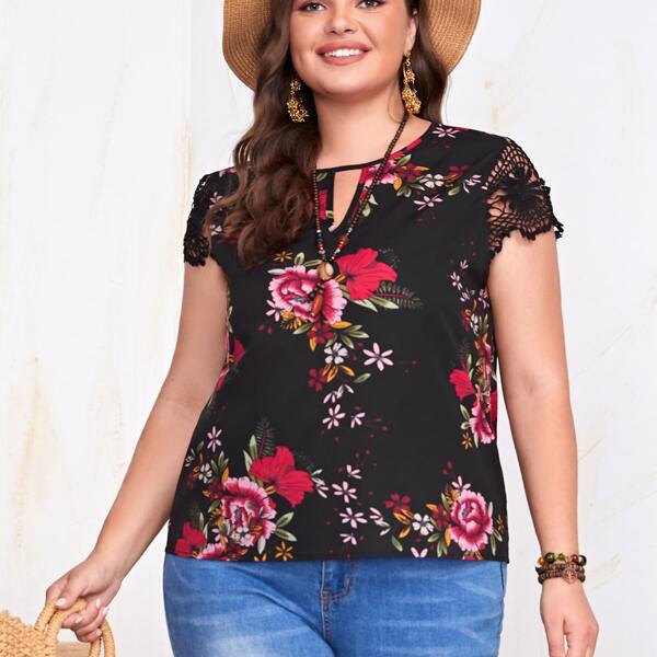 

Plus Keyhole Neck Floral Print Top, Multicolor