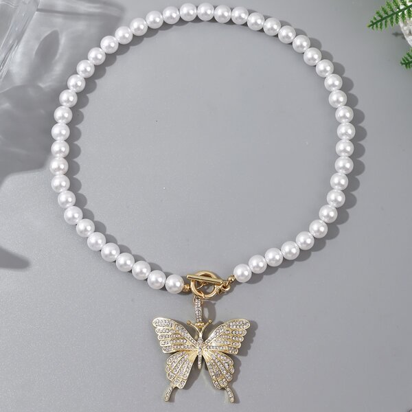 

Rhinestone Butterfly Charm Faux Pearl Beaded Necklace, White
