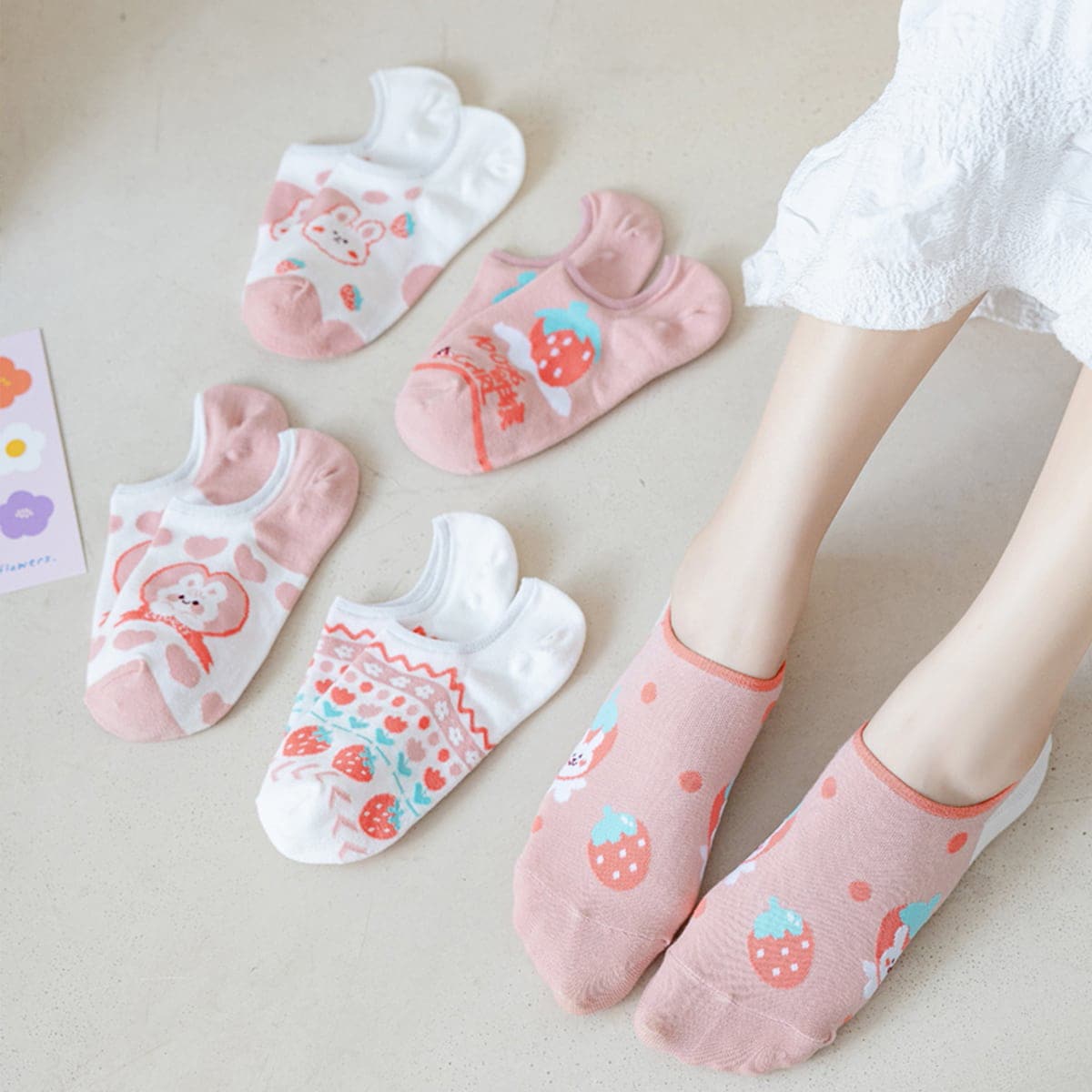 

5pairs Rabbit Graphic Ankle Socks, Multicolor