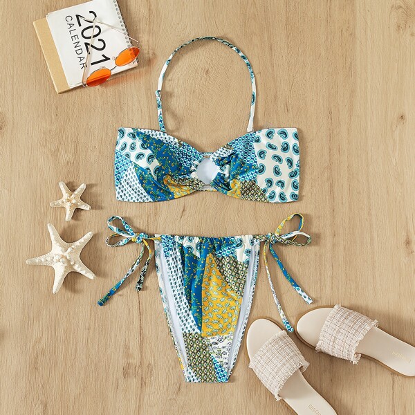 

Mixed Print Halter Tie Side Bikini Swimsuit, Multicolor