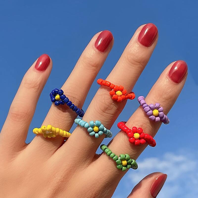 

7pcs Floral Beaded Ring, Multicolor