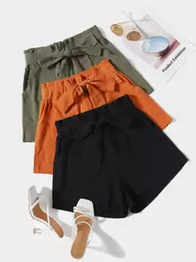 SHEIN Unity 3pcs Women Casual Solid Color Knotted Waist Loose Shorts Set - Multicolor - View 1