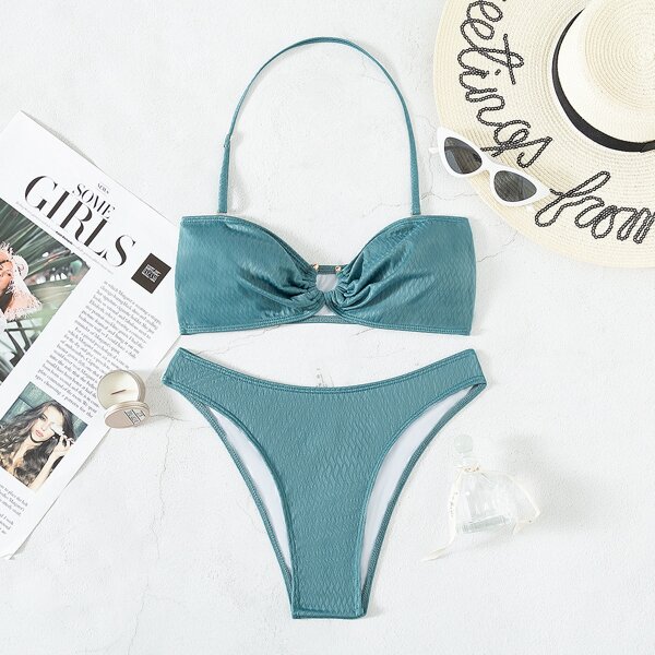 

Solid Halter High Cut Bikini Swimsuit, Dusty blue