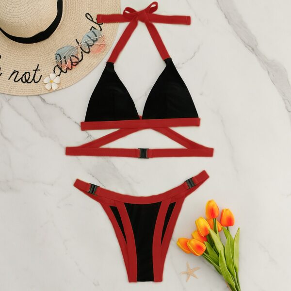 

Contrast Binding Triangle Thong Bikini Swimsuit, Multicolor