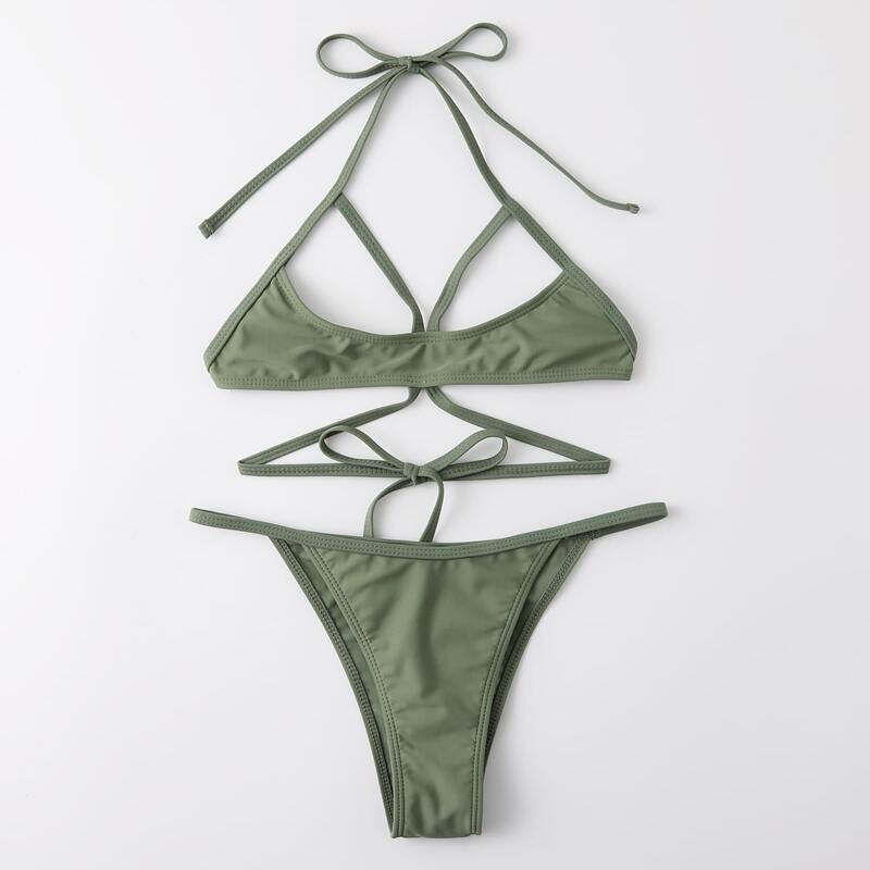 

Criss Cross Halter Thong Bikini Swimsuit, Army green