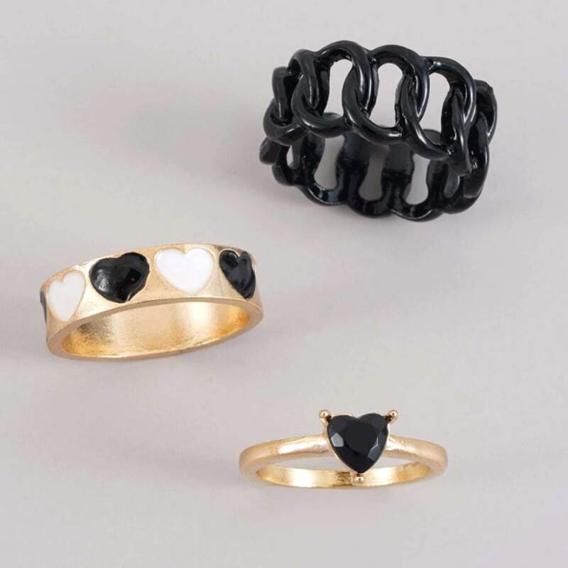 

3pcs Heart Design Ring, Black