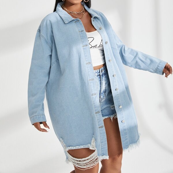 

Plus Button Up Ripped Raw Cut Denim Dress Without Belt, Light wash