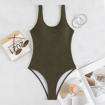 Plain Textured One Piece Swimsuit
