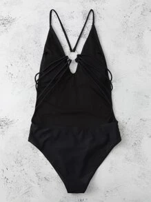 Ring Linked One-Piece Swimsuit, For Summer Beach Vacation - Black - View 2
