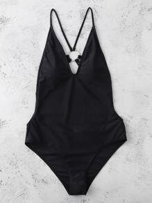 Ring Linked One-Piece Swimsuit, For Summer Beach Vacation - Black - View 3
