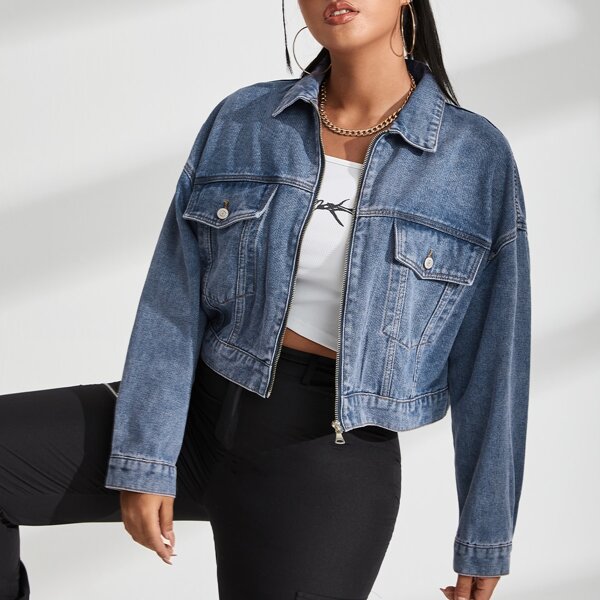 

Plus Drop Shoulder Zip Up Crop Denim Jacket, Medium wash