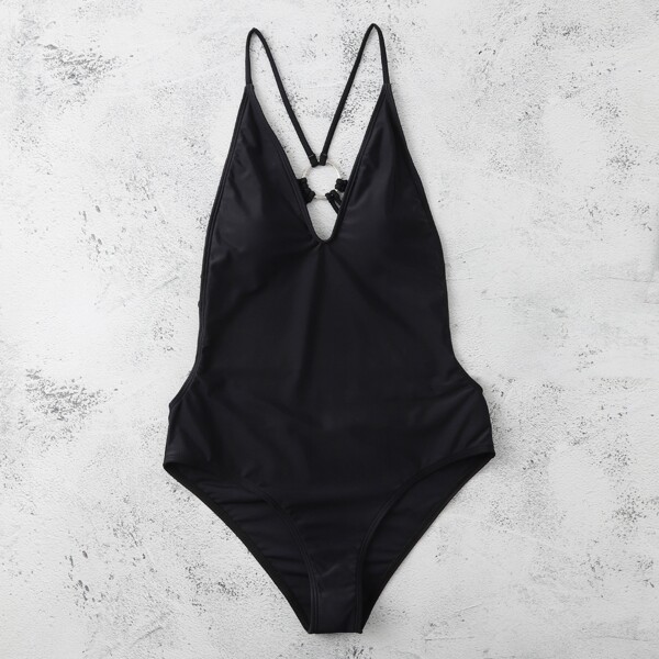 

Ring Linked Strappy Back One Piece Swimsuit, Black