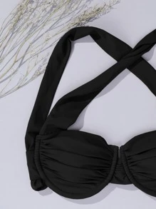 SHEIN Swim Summer Beach Ruched Crisscross Underwire Bikini Top - Black - View 3