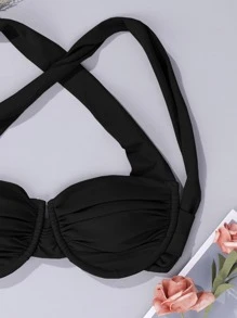 SHEIN Swim Summer Beach Ruched Crisscross Underwire Bikini Top - Black - View 4