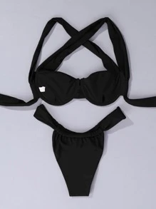 SHEIN Swim Summer Beach Ruched Crisscross Underwire Bikini Top - Black - View 5