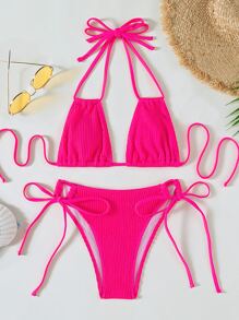 Solid Smocked Tie Side Bikini Summer - Hot Pink - View 3