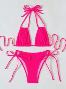 Solid Smocked Tie Side Bikini Summer - Hot Pink - View 4