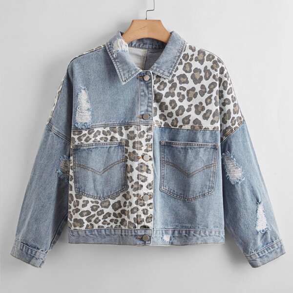 

Plus Leopard Spliced Ripped Denim Jacket, Light wash