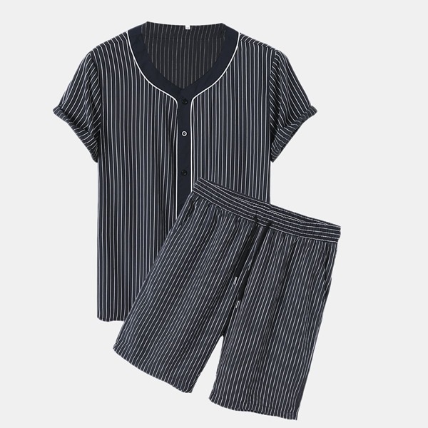 

Men Striped Button Up Shirt & Drawstring Waist Shorts, Black