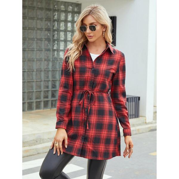 

Tartan Roll Tab Sleeve Belted Blouse, Red