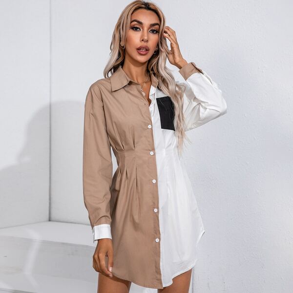 

Colorblock Pocket Patched Button Up Shirt Dress, Multicolor