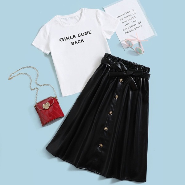 

Girls Slogan Graphic Tee & Single Breasted Belted PU Leather Skirt, Black and white