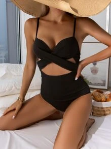 SHEIN Swim Summer Beach Solid Criss Cross Push Up One Piece Swimsuit - Black - View 3