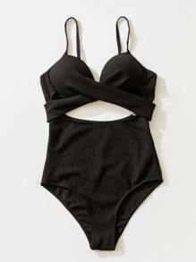 SHEIN Swim Summer Beach Solid Criss Cross Push Up One Piece Swimsuit - Black - View 4