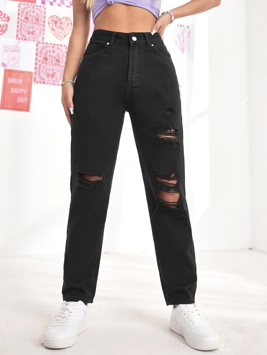 SHEIN EZwear Quần jean Bị tách màu trơn - màu đen - Xem 1