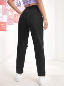 SHEIN EZwear Quần jean Bị tách màu trơn - màu đen - Xem 2