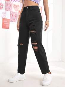 SHEIN EZwear Quần jean Bị tách màu trơn - màu đen - Xem 3