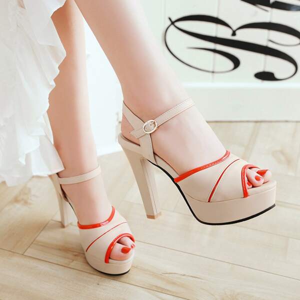 

Contrast Binding Peep Toe Platform Pumps, Apricot