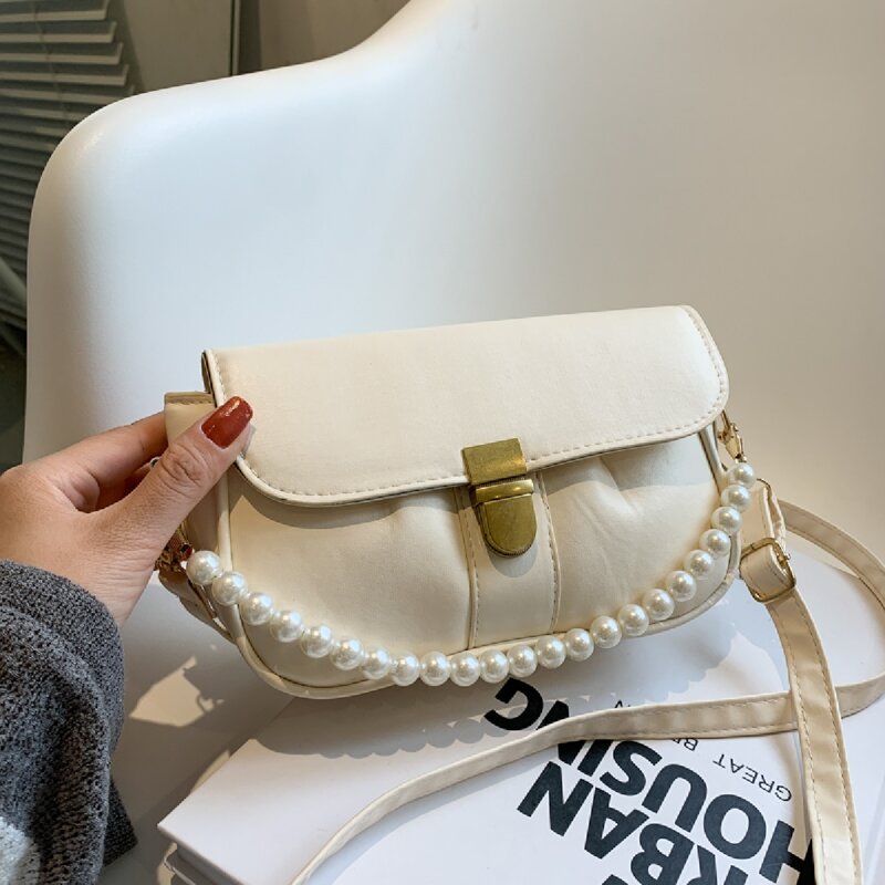

Faux Pearl Decor Push Lock Crossbody Bag, Beige