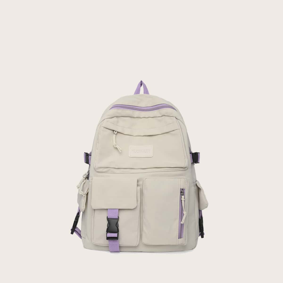 

Buckle Decor Pocket Front Backpack, Beige
