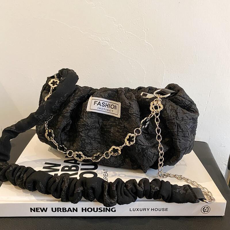 

Chain Floral Handel Ruched Bag, Black
