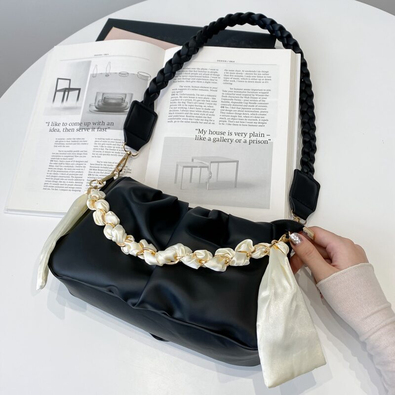 

Twilly Scarf Decor Ruched Design Satchel Bag, Black