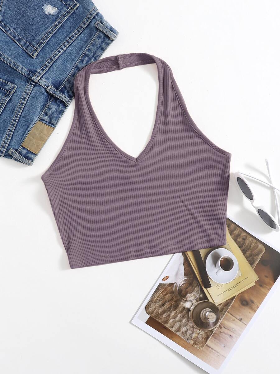 SHEIN EZwear Rib-Knit Crop Halter Top - Dusty Purple - View 1