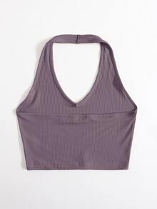 SHEIN EZwear Rib-Knit Crop Halter Top - Dusty Purple - View 2