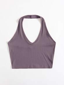 SHEIN EZwear Rib-Knit Crop Halter Top - Dusty Purple - View 3